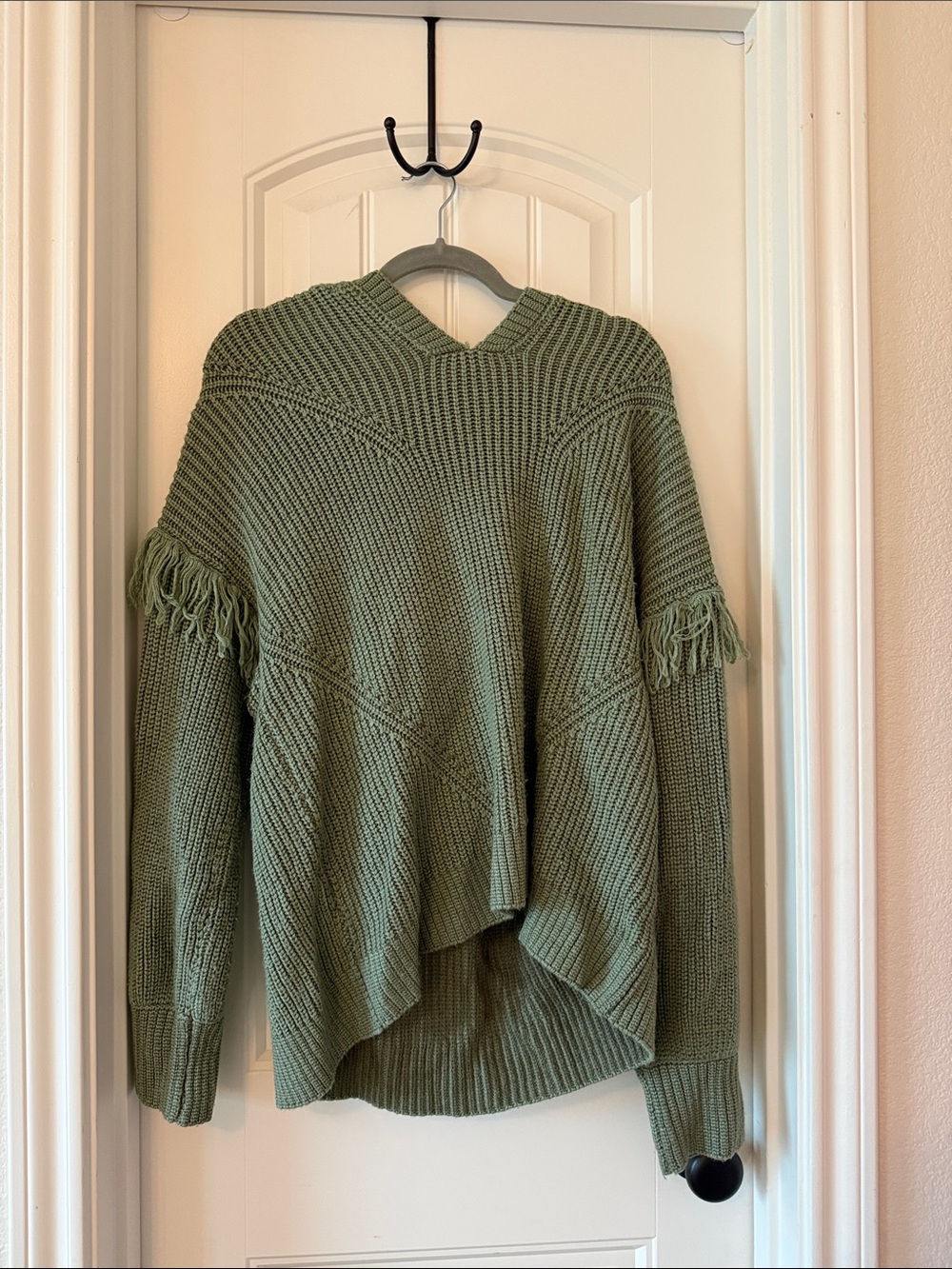 American Rag Olive Fringe V-Neck Knit Sweater